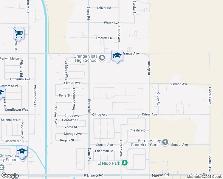 map of restaurants, bars, coffee shops, grocery stores, and more near 1409 Callista Way in Perris