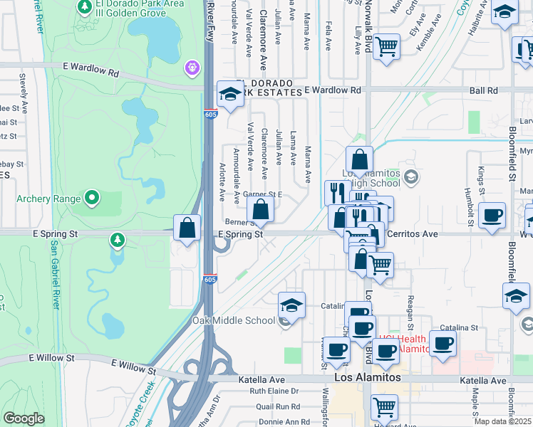 map of restaurants, bars, coffee shops, grocery stores, and more near 7900 East Cramer Street in Long Beach