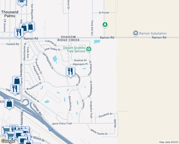map of restaurants, bars, coffee shops, grocery stores, and more near 32649 Chiricahua Drive in Thousand Palms
