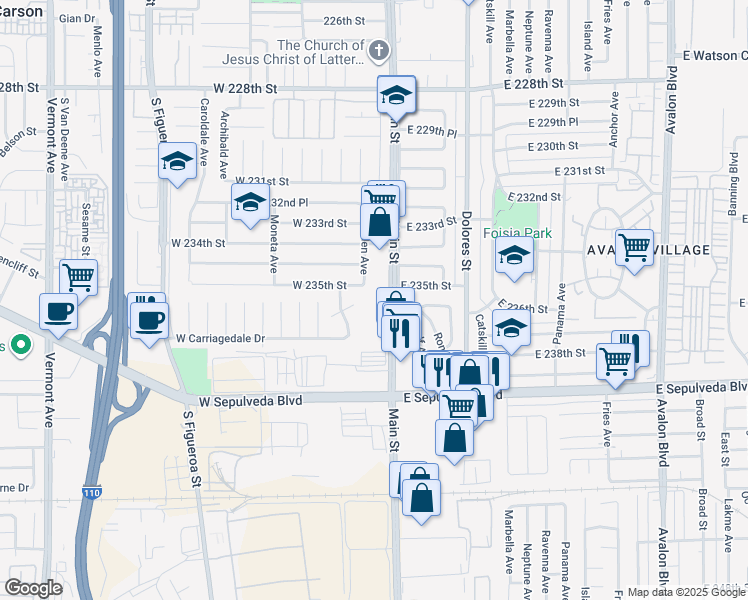 map of restaurants, bars, coffee shops, grocery stores, and more near 23517 Main Street in Carson