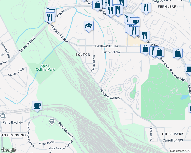 map of restaurants, bars, coffee shops, grocery stores, and more near 2068 Adams Overlook Northwest in Atlanta