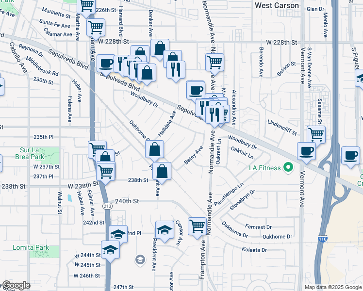 map of restaurants, bars, coffee shops, grocery stores, and more near 23426 Clearpool Place in Los Angeles