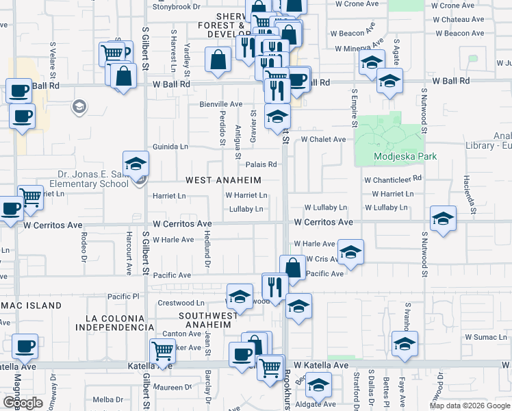 map of restaurants, bars, coffee shops, grocery stores, and more near 9911 Lullaby Lane in Anaheim