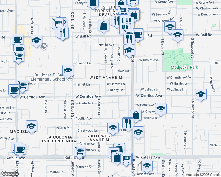 map of restaurants, bars, coffee shops, grocery stores, and more near 9841 Lullaby Lane in Anaheim
