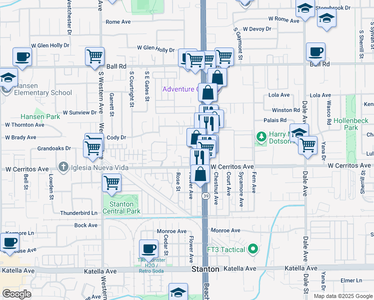 map of restaurants, bars, coffee shops, grocery stores, and more near 7892 1st Street in Stanton