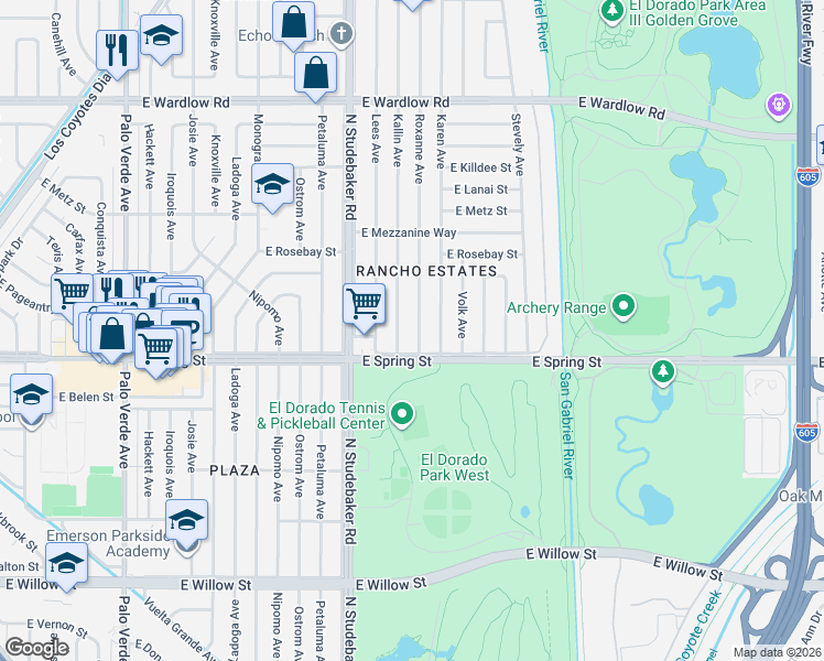 map of restaurants, bars, coffee shops, grocery stores, and more near 3025 Roxanne Avenue in Long Beach