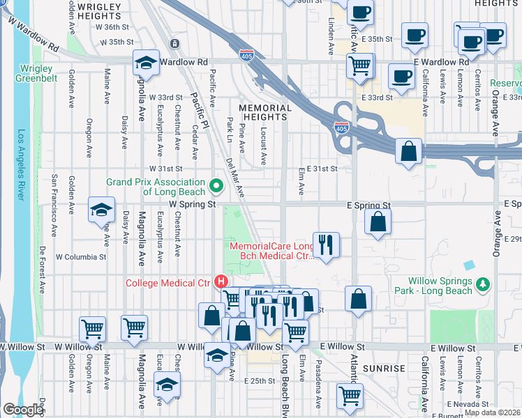 map of restaurants, bars, coffee shops, grocery stores, and more near 156 East Spring Street in Long Beach