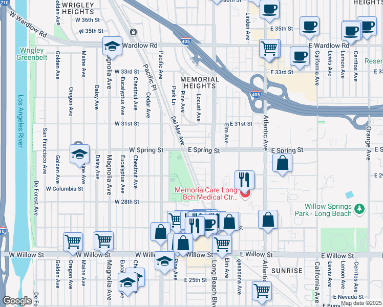 map of restaurants, bars, coffee shops, grocery stores, and more near 156 East Spring Street in Long Beach