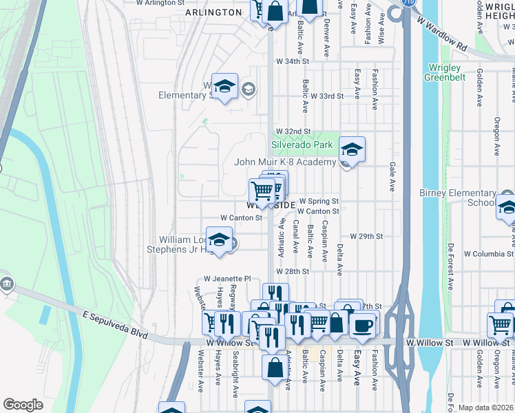 map of restaurants, bars, coffee shops, grocery stores, and more near 1740 West Spring Street in Long Beach