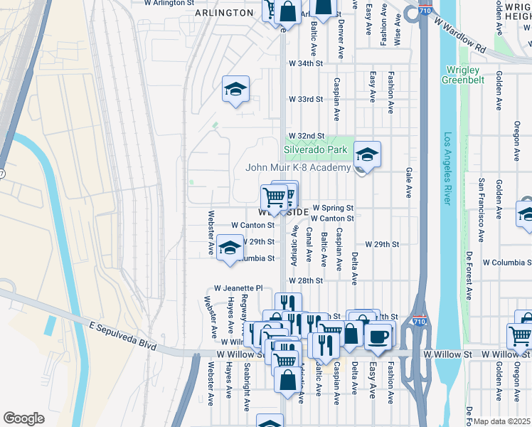 map of restaurants, bars, coffee shops, grocery stores, and more near 1740 West Spring Street in Long Beach