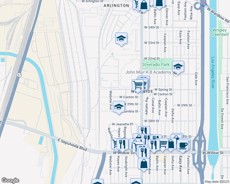 map of restaurants, bars, coffee shops, grocery stores, and more near 2036 West Spring Street in Long Beach