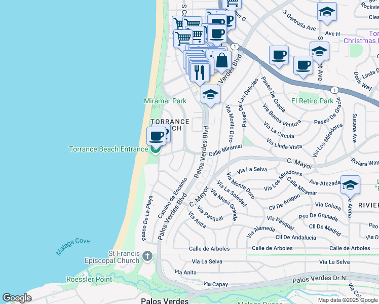 map of restaurants, bars, coffee shops, grocery stores, and more near 389 Palos Verdes Boulevard in Redondo Beach
