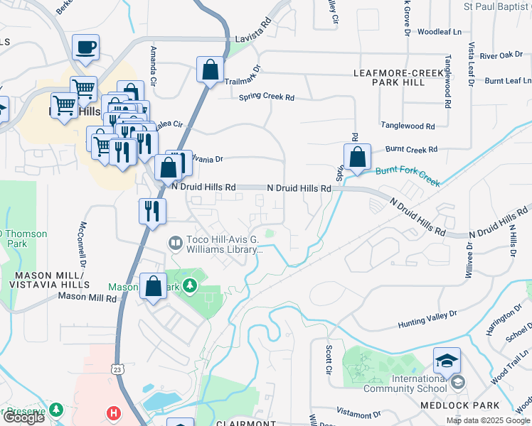 map of restaurants, bars, coffee shops, grocery stores, and more near 1086 Battery Park Road in Decatur