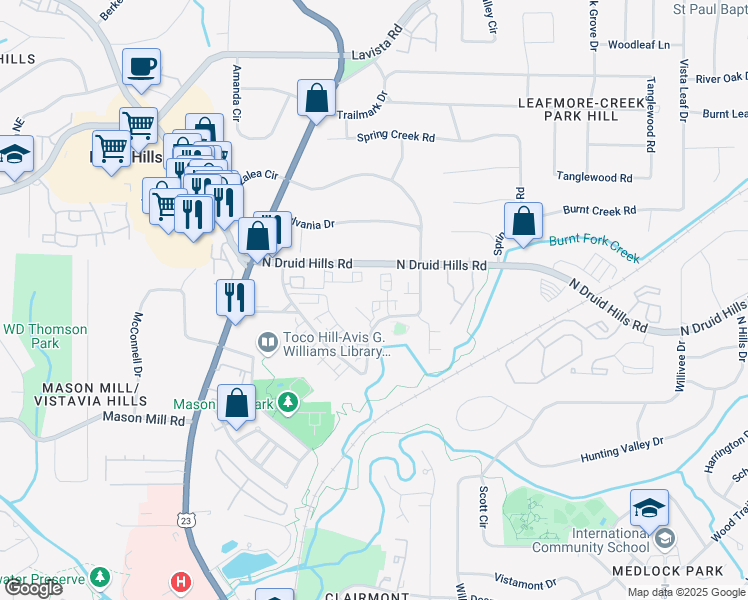 map of restaurants, bars, coffee shops, grocery stores, and more near 1043 North Jamestown Road in Decatur