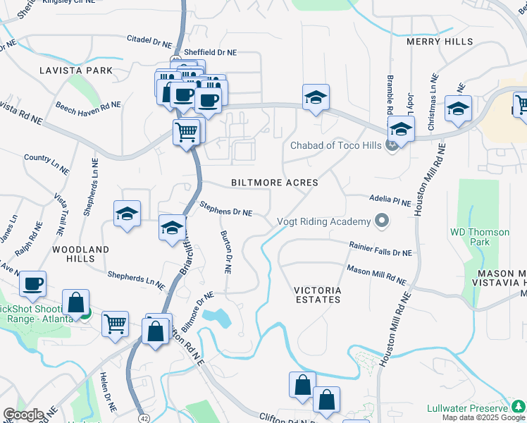 map of restaurants, bars, coffee shops, grocery stores, and more near 1507 Lively Ridge Road Northeast in Atlanta