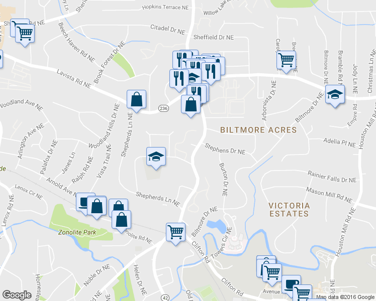 map of restaurants, bars, coffee shops, grocery stores, and more near 1332 Weatherstone Way Northeast in Atlanta