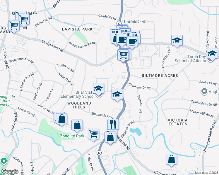 map of restaurants, bars, coffee shops, grocery stores, and more near 1112 Weatherstone Drive Northeast in Atlanta