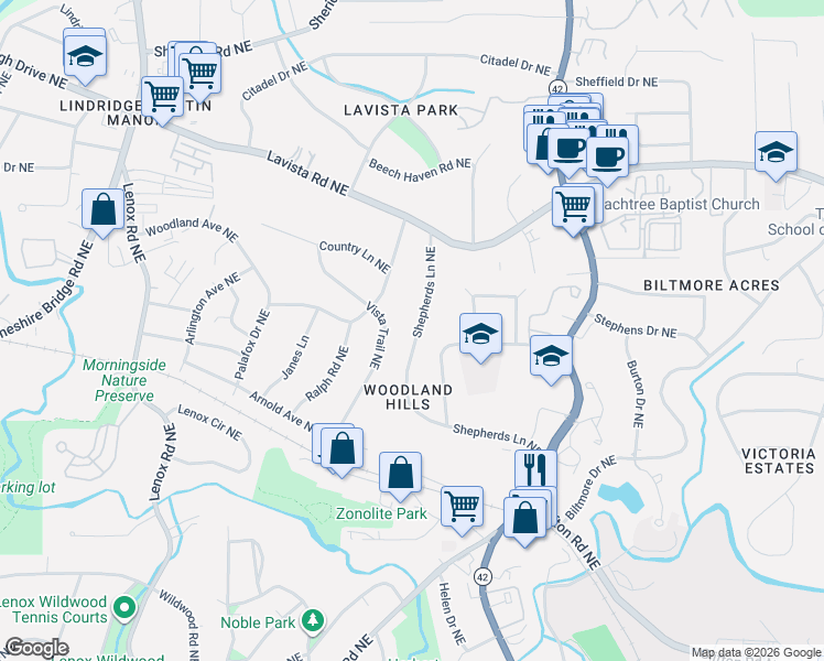 map of restaurants, bars, coffee shops, grocery stores, and more near 1117 Shepherds Lane Northeast in Atlanta