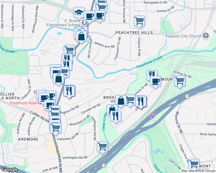 map of restaurants, bars, coffee shops, grocery stores, and more near 260 Brighton Road Northeast in Atlanta