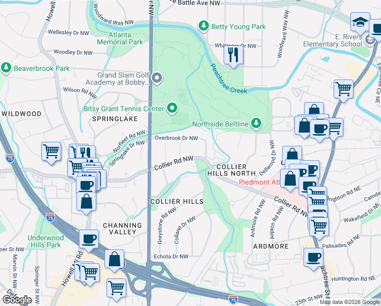 map of restaurants, bars, coffee shops, grocery stores, and more near 2065 Evergreen Lane Northwest in Atlanta