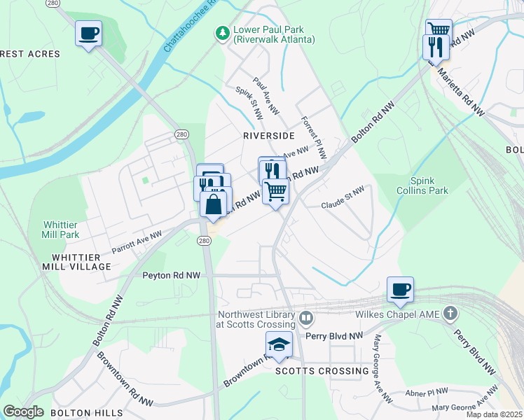 map of restaurants, bars, coffee shops, grocery stores, and more near 2040 Main Street Northwest in Atlanta