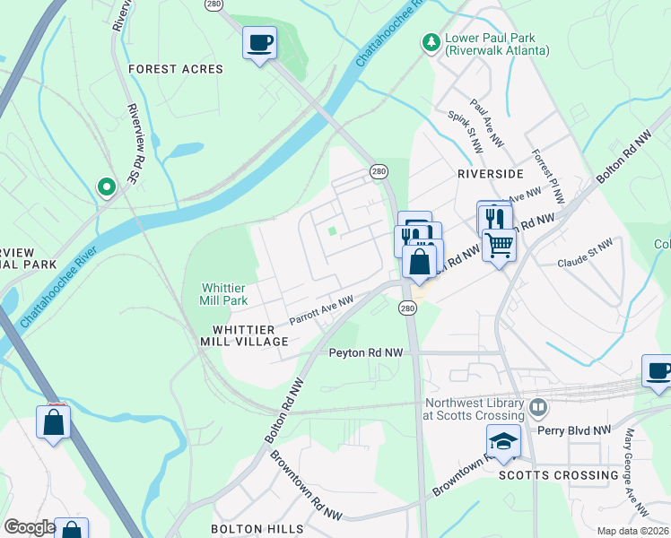 map of restaurants, bars, coffee shops, grocery stores, and more near 2055 Old Georgian Terrace in Atlanta