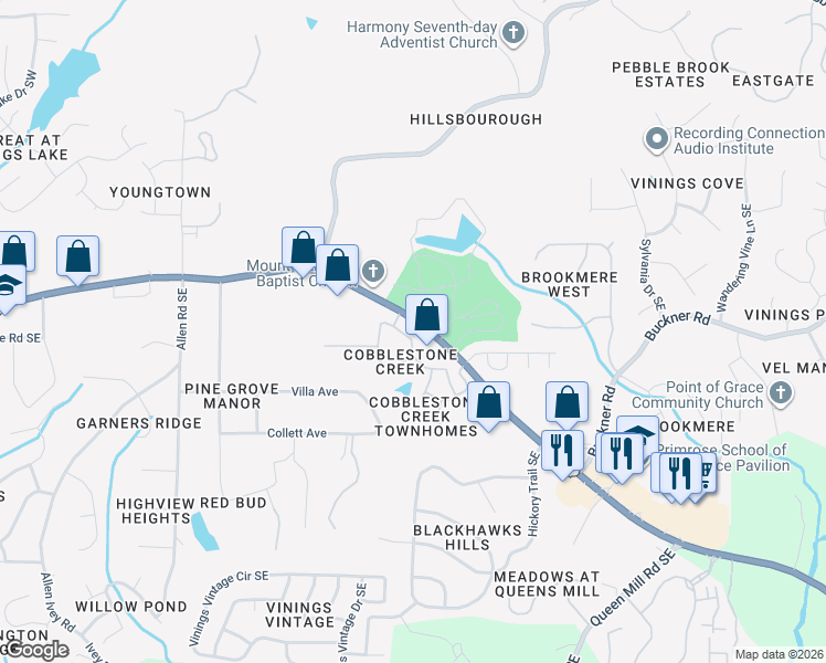 map of restaurants, bars, coffee shops, grocery stores, and more near 5928 Cobblestone Creek Circle in Mableton