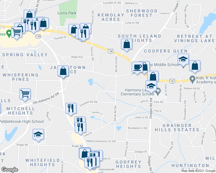 map of restaurants, bars, coffee shops, grocery stores, and more near 5851 Lone Oak Drive Southwest in Mableton