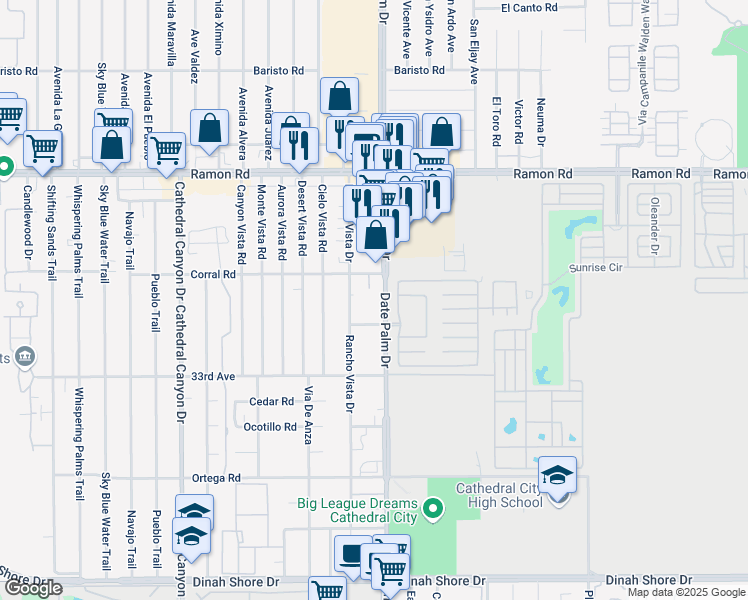 map of restaurants, bars, coffee shops, grocery stores, and more near 32611 Date Palm Dr in Cathedral City
