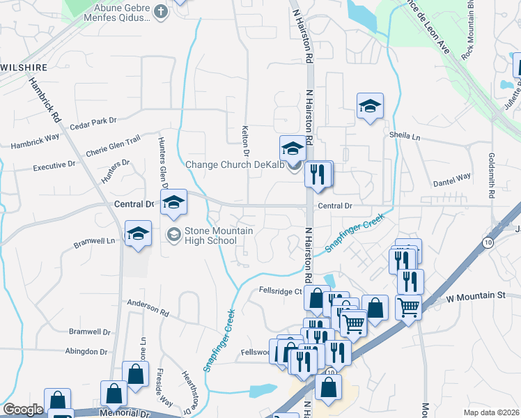 map of restaurants, bars, coffee shops, grocery stores, and more near 903 Park Gate Place in Stone Mountain