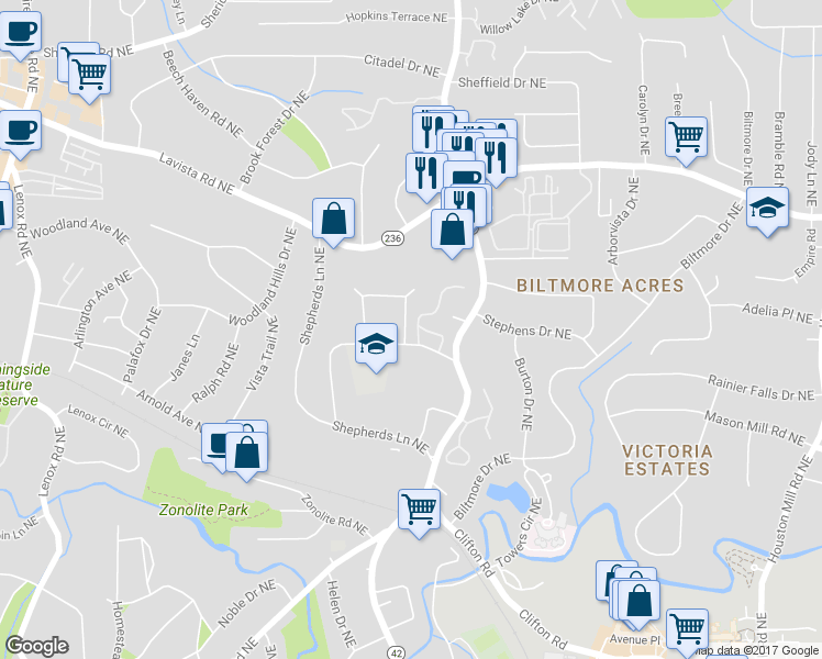 map of restaurants, bars, coffee shops, grocery stores, and more near 1112 Weatherstone Drive Northeast in Atlanta