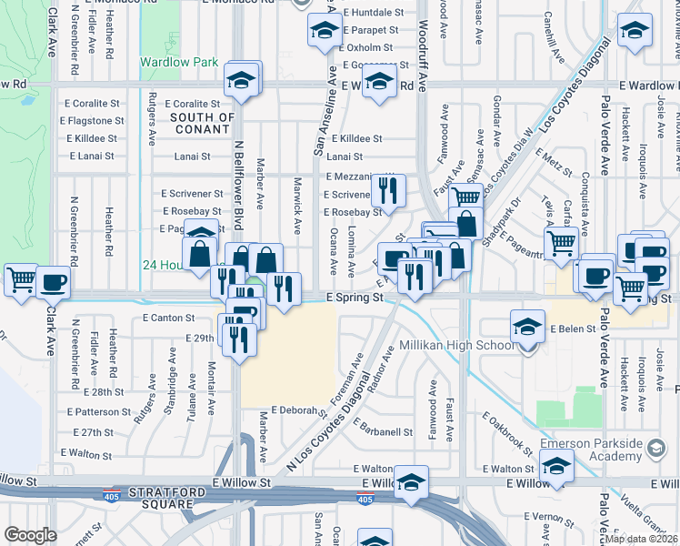 map of restaurants, bars, coffee shops, grocery stores, and more near 3022 Ocana Avenue in Long Beach