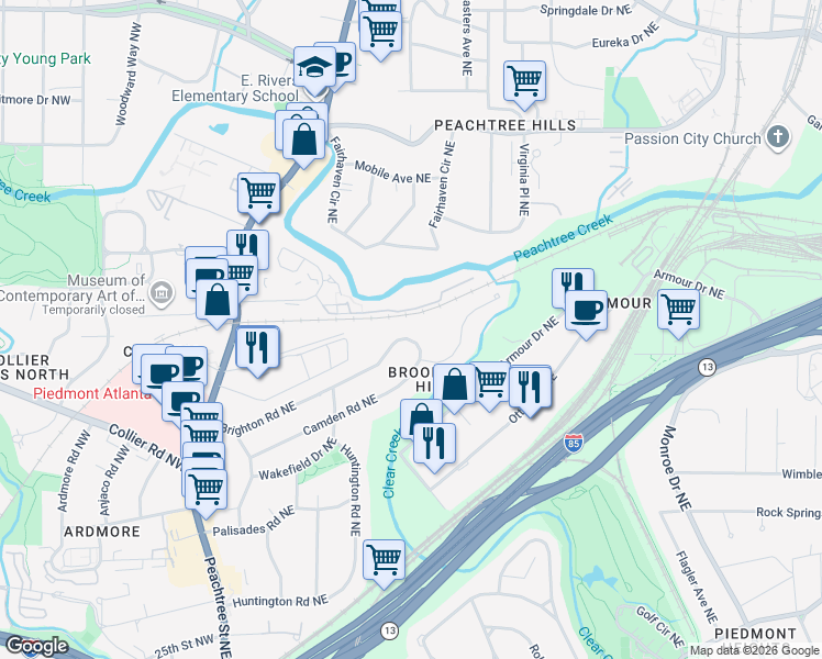 map of restaurants, bars, coffee shops, grocery stores, and more near 260 Brighton Road Northeast in Atlanta