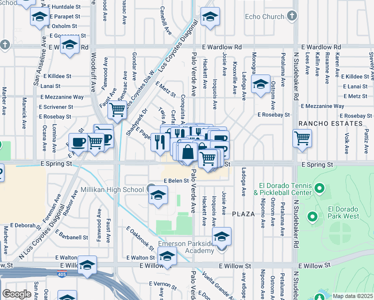 map of restaurants, bars, coffee shops, grocery stores, and more near 6289 East Spring Street in Long Beach