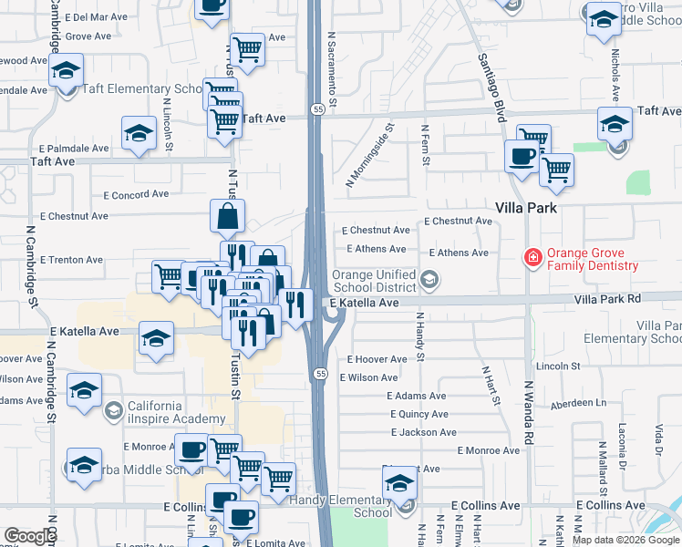 map of restaurants, bars, coffee shops, grocery stores, and more near 2120 East Trenton Avenue in Orange