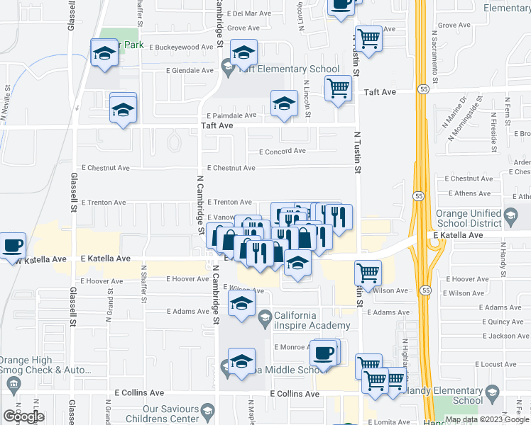 map of restaurants, bars, coffee shops, grocery stores, and more near 1231 East Vanowen Avenue in Orange
