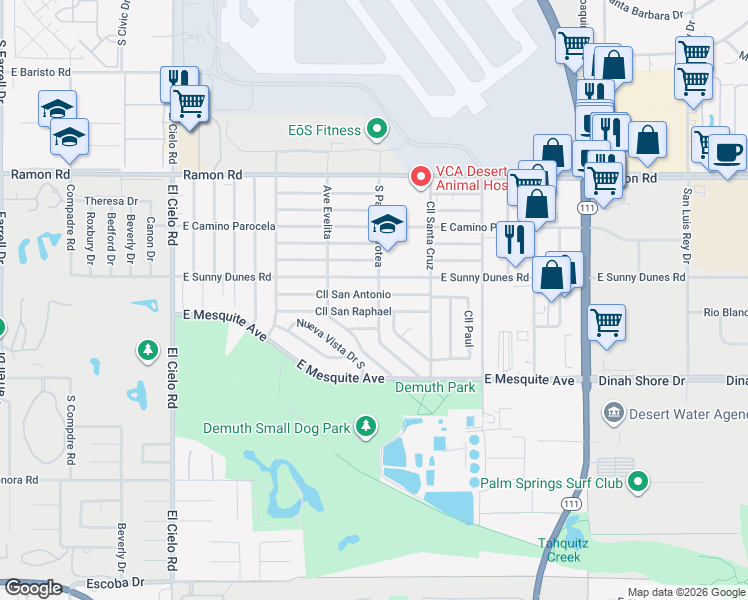 map of restaurants, bars, coffee shops, grocery stores, and more near 4083 Calle San Antonio in Palm Springs