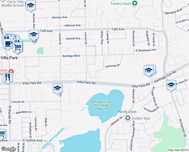 map of restaurants, bars, coffee shops, grocery stores, and more near 18601 Marion Way in Villa Park