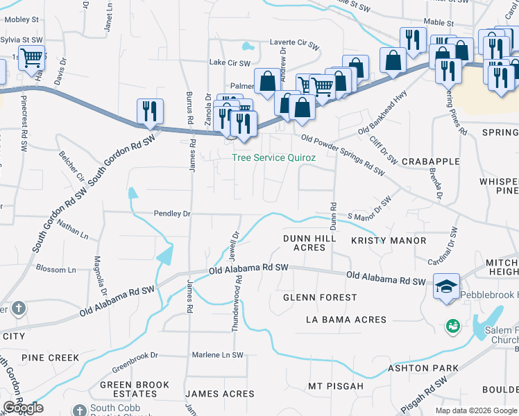 map of restaurants, bars, coffee shops, grocery stores, and more near 1366 Pendley Drive in Mableton