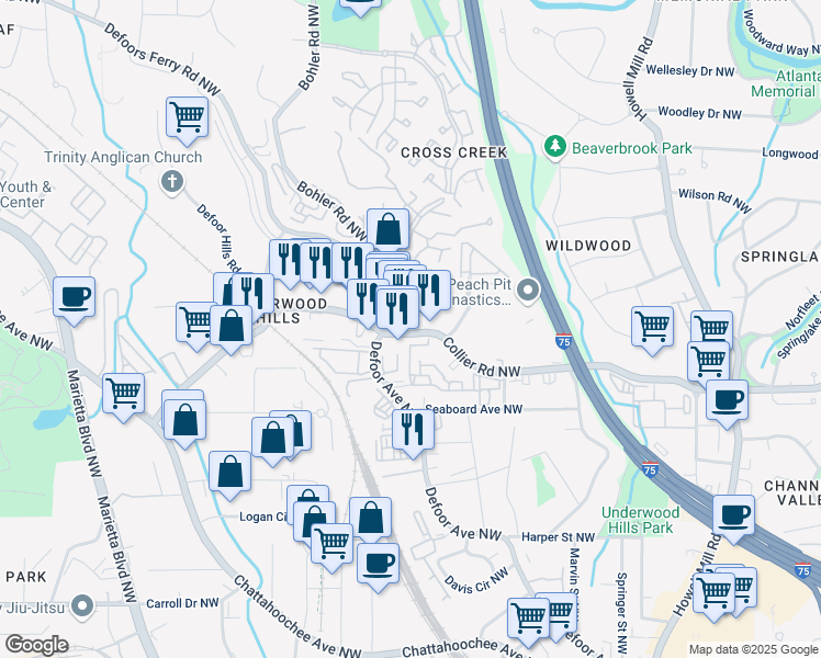 map of restaurants, bars, coffee shops, grocery stores, and more near 1175 Collier Road Northwest in Atlanta