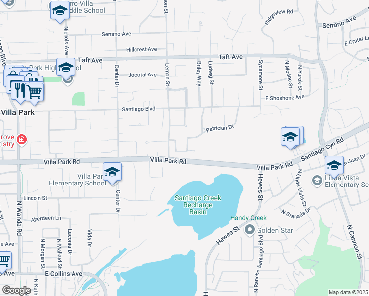 map of restaurants, bars, coffee shops, grocery stores, and more near 18601 Marion Way in Villa Park