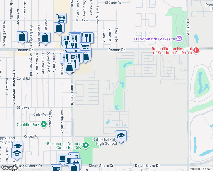 map of restaurants, bars, coffee shops, grocery stores, and more near 1306 Via Playa in Cathedral City