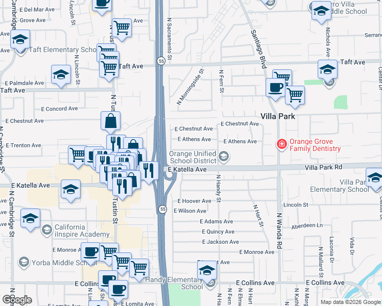 map of restaurants, bars, coffee shops, grocery stores, and more near 2242 East Trenton Avenue in Orange