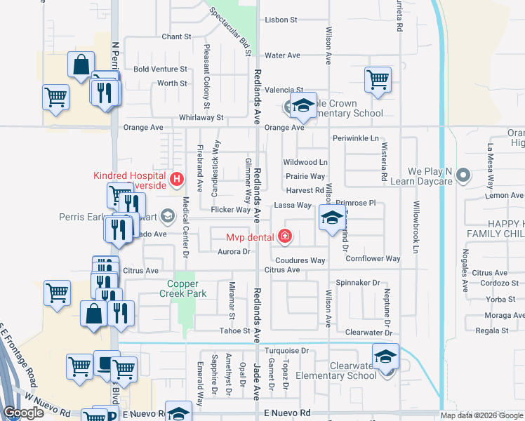map of restaurants, bars, coffee shops, grocery stores, and more near 2163 Glimmer Way in Perris