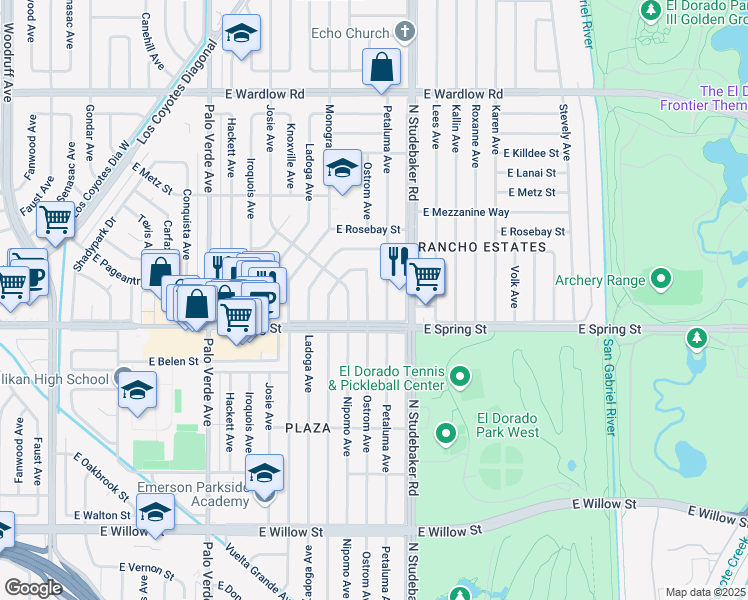 map of restaurants, bars, coffee shops, grocery stores, and more near 3026 Ostrom Avenue in Long Beach