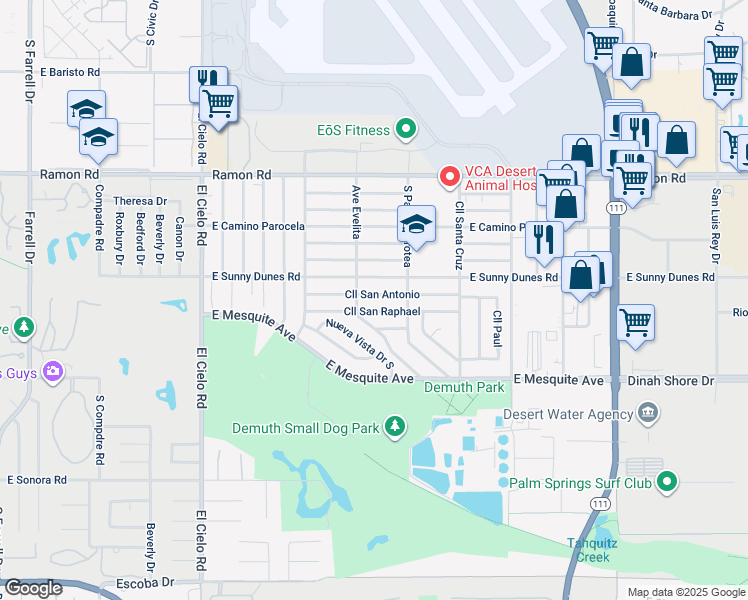 map of restaurants, bars, coffee shops, grocery stores, and more near 3963 Calle San Antonio in Palm Springs