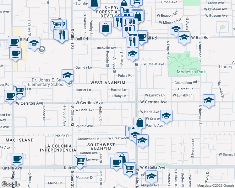 map of restaurants, bars, coffee shops, grocery stores, and more near 9841 Lullaby Lane in Anaheim