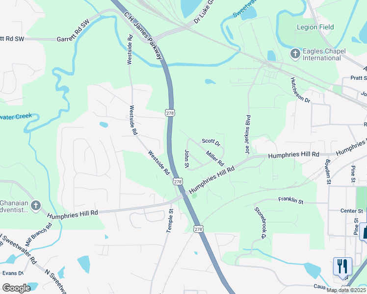 map of restaurants, bars, coffee shops, grocery stores, and more near 5890 John Street in Austell