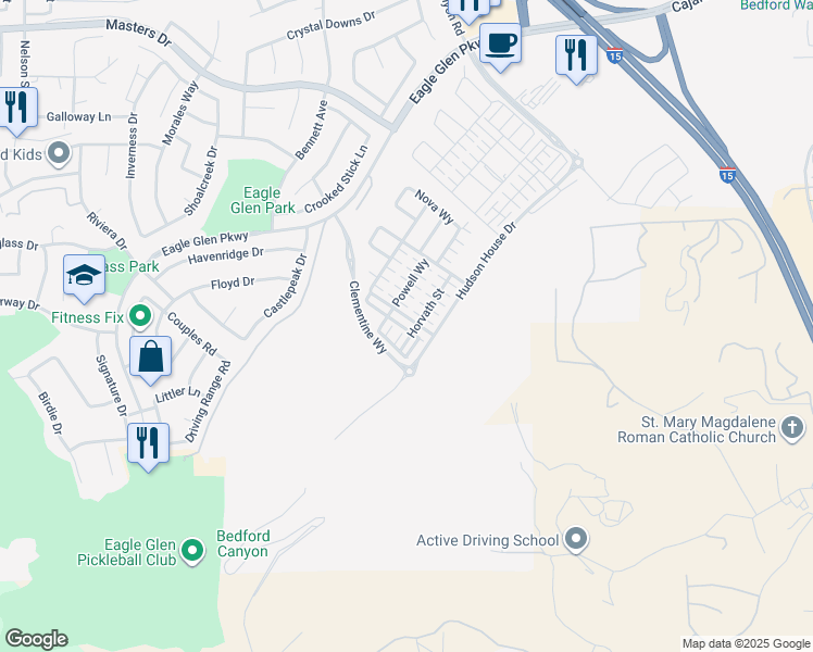 map of restaurants, bars, coffee shops, grocery stores, and more near 4270 Horvath Street in Corona
