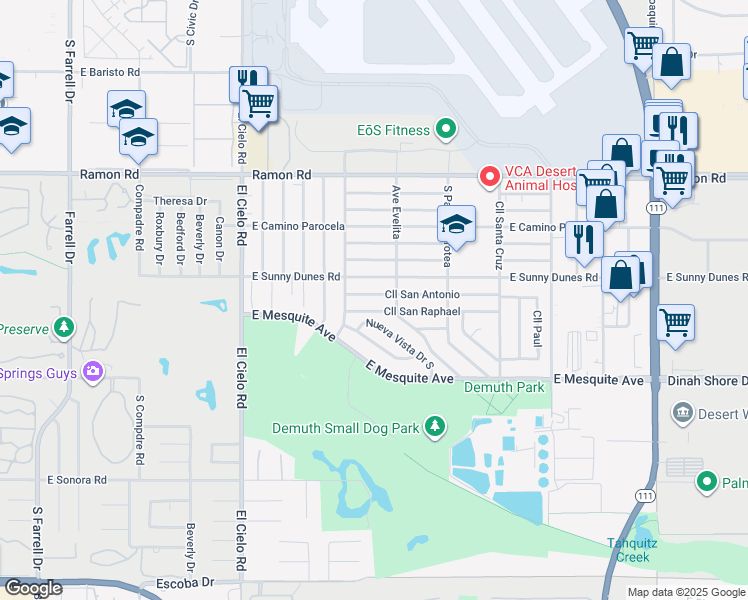 map of restaurants, bars, coffee shops, grocery stores, and more near 3813 Calle San Antonio in Palm Springs